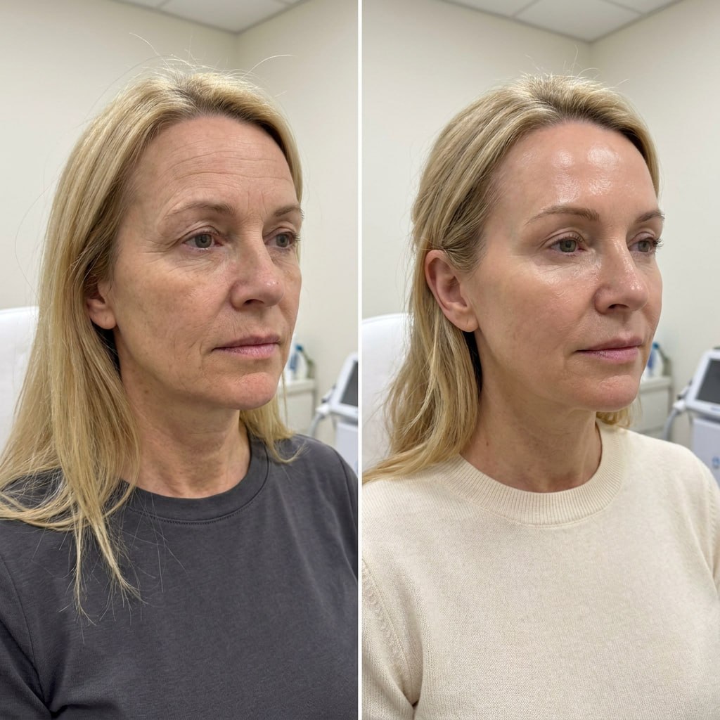 Side-view blonde before and after Morpheus8 result
