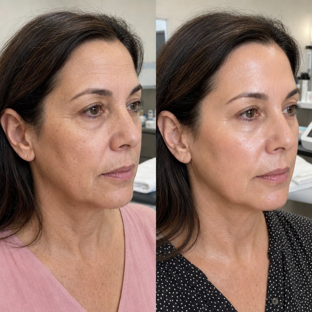 Side-view brunette before and after Morpheus8 result